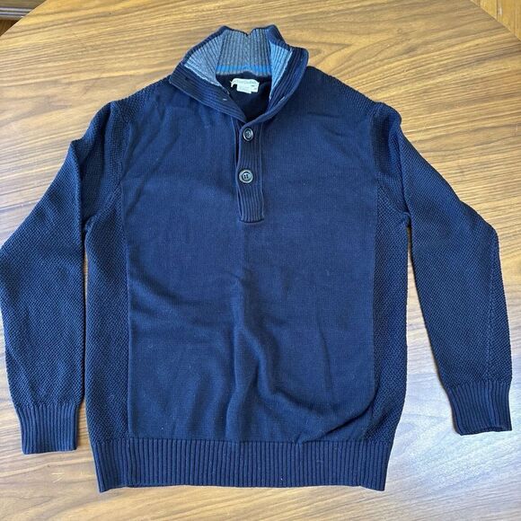 Carbon2Cobalt Men's Sweater Medium Mid Blue Black Quarter Button Pullover Knit - Picture 2 of 7